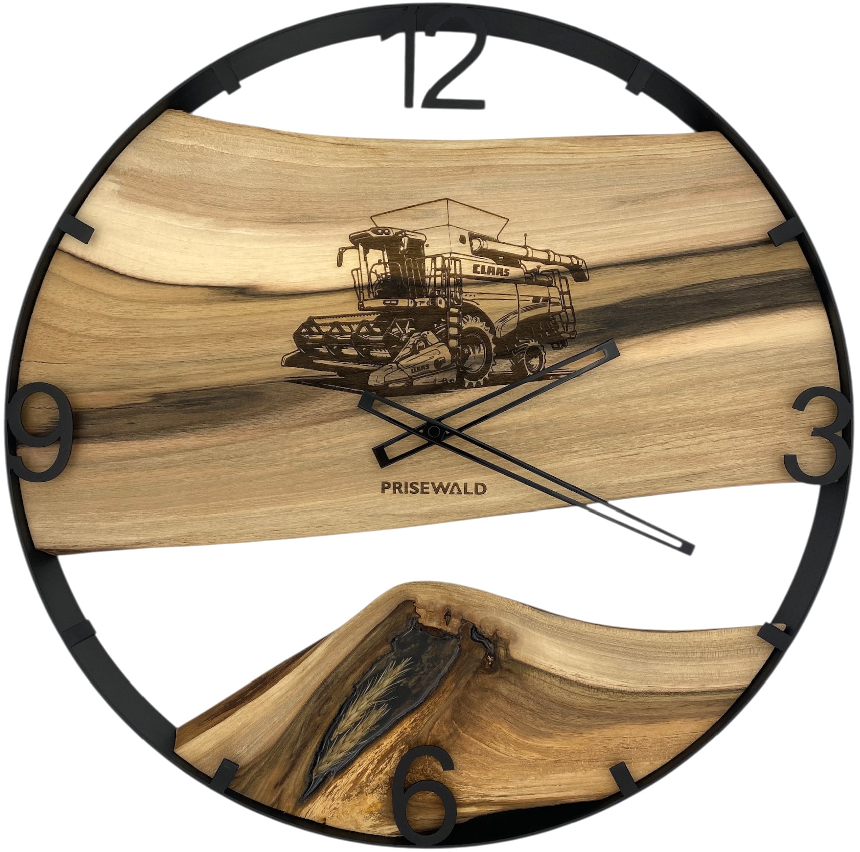 Runde Wanduhr aus Walnussholz, 50 cm, schwarzer Rahmen, Arabische Ziffern, Mähdrescher und Getreideähren, CLAAS - PRISEWALD