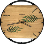 Runde Wanduhr aus Eichenholz, 50 cm, schwarzer Rahmen, Teilstriche Ziffern, Pflanzen - PRISEWALD
