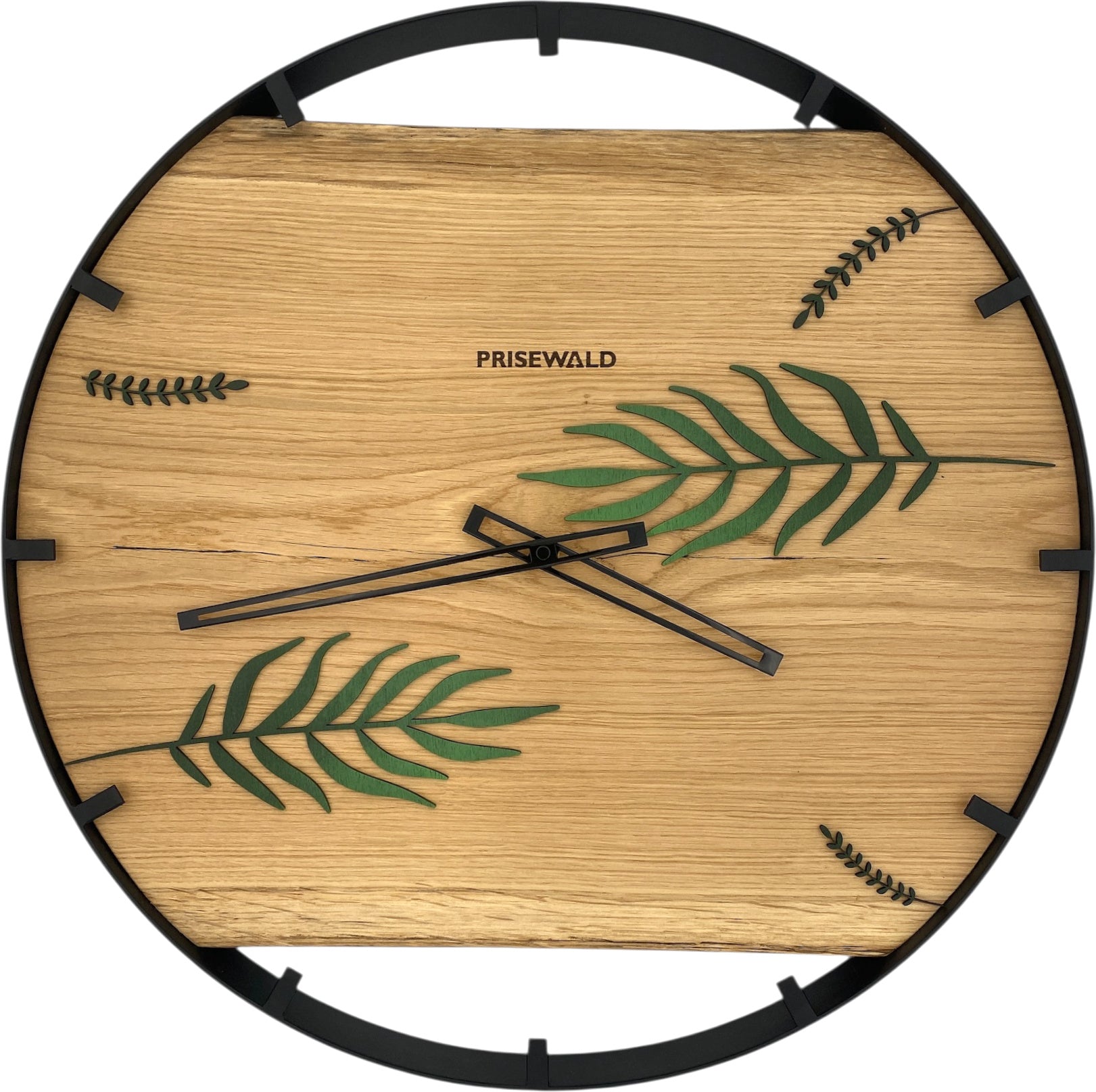 Runde Wanduhr aus Eichenholz, 50 cm, schwarzer Rahmen, Teilstriche Ziffern, Pflanzen - PRISEWALD