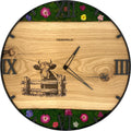 Runde Wanduhr aus Eichenholz, 50 cm, schwarzer Rahmen, römische Ziffern, Blumen, Kuh - PRISEWALD