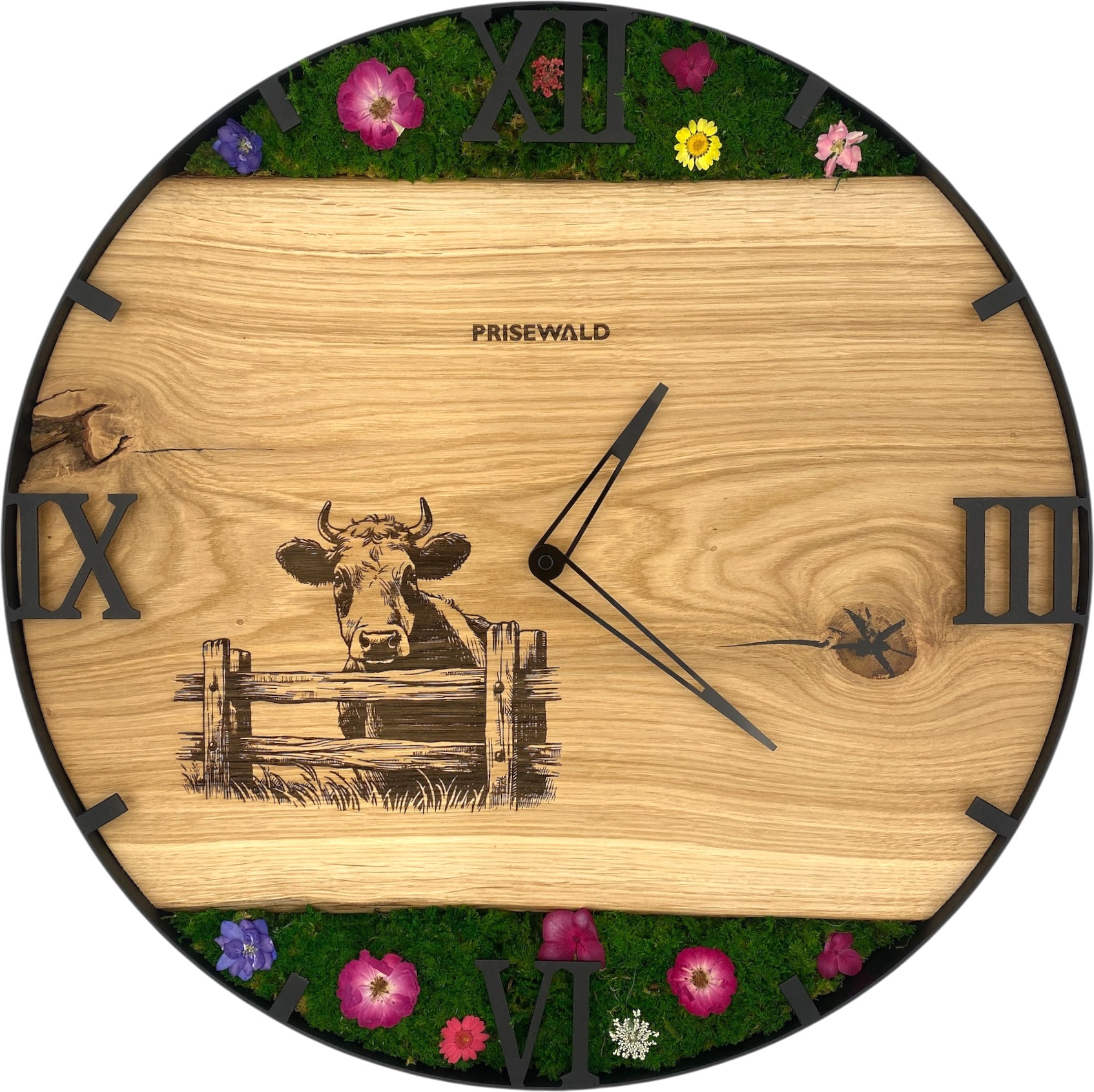 Runde Wanduhr aus Eichenholz, 50 cm, schwarzer Rahmen, römische Ziffern, Blumen, Kuh - PRISEWALD