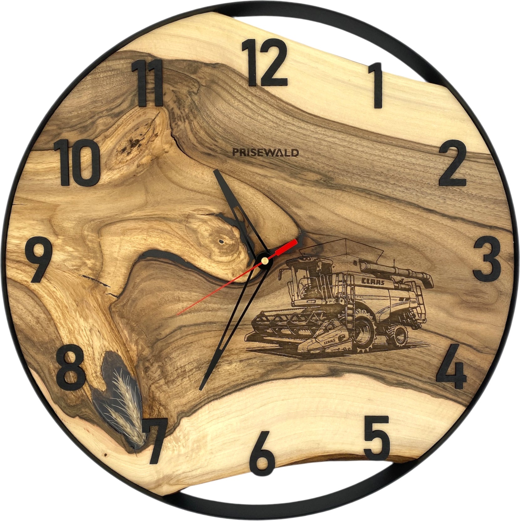 Runde Wanduhr aus Walnussholz, 50 cm, schwarzer Rahmen, arabische Ziffern, Mähdrescher und Getreideähren, CLAAS - PRISEWALD