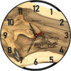 Runde Wanduhr aus Walnussholz, 50 cm, schwarzer Rahmen, arabische Ziffern, Mähdrescher und Getreideähren, CLAAS