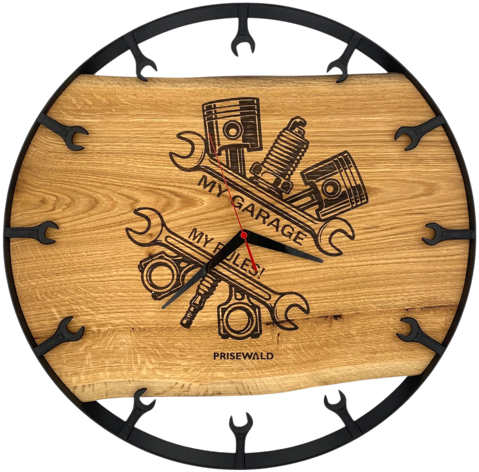 Runde Wanduhr aus Eichenholz, 50 cm, schwarzer Rahmen, Teilstriche Ziffern, "MY GARAGE, MY RULES" - PRISEWALD
