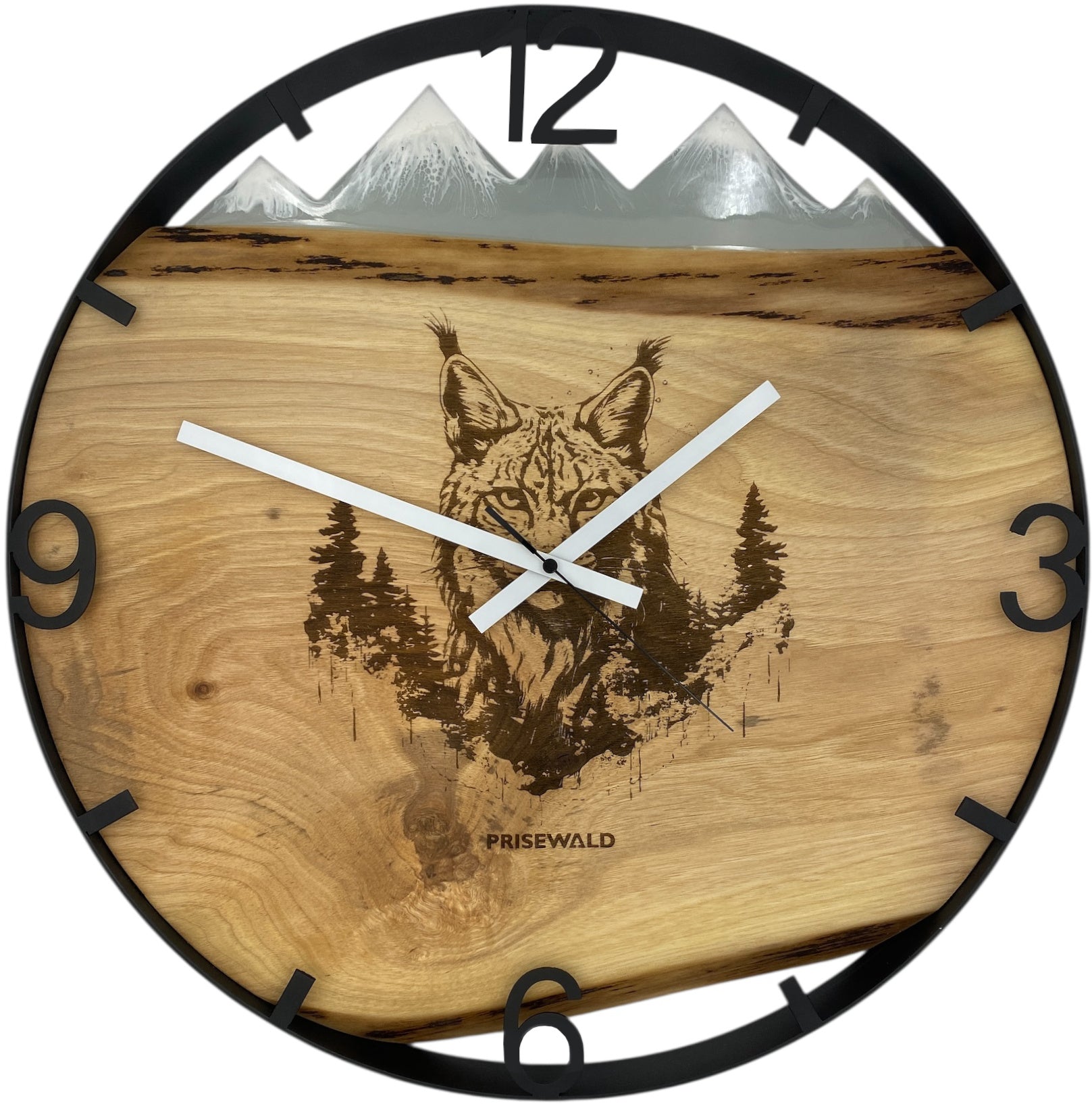 Runde Wanduhr aus Walnussholz, 50 cm, schwarzer Rahmen, arabische Ziffern, Luchs im Wald, Verschneite Berge - PRISEWALD