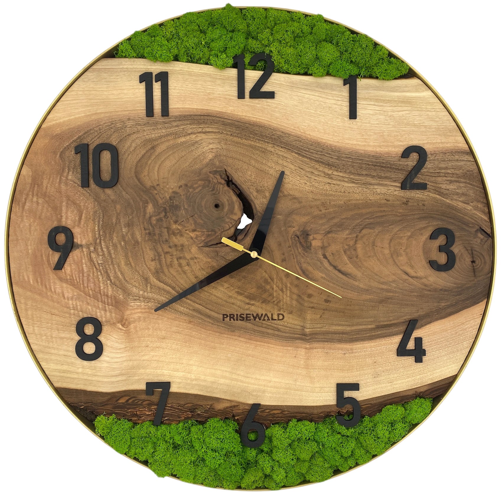 Runde Wanduhr aus Walnussholz, 50 cm, goldener Rahmen, arabische Ziffern, grünes Moos - PRISEWALD