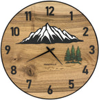 Runde Wanduhr aus Walnussholz, 50 cm, schwarzer Rahmen, arabische Ziffern, Wald, Verschneite Berge - PRISEWALD