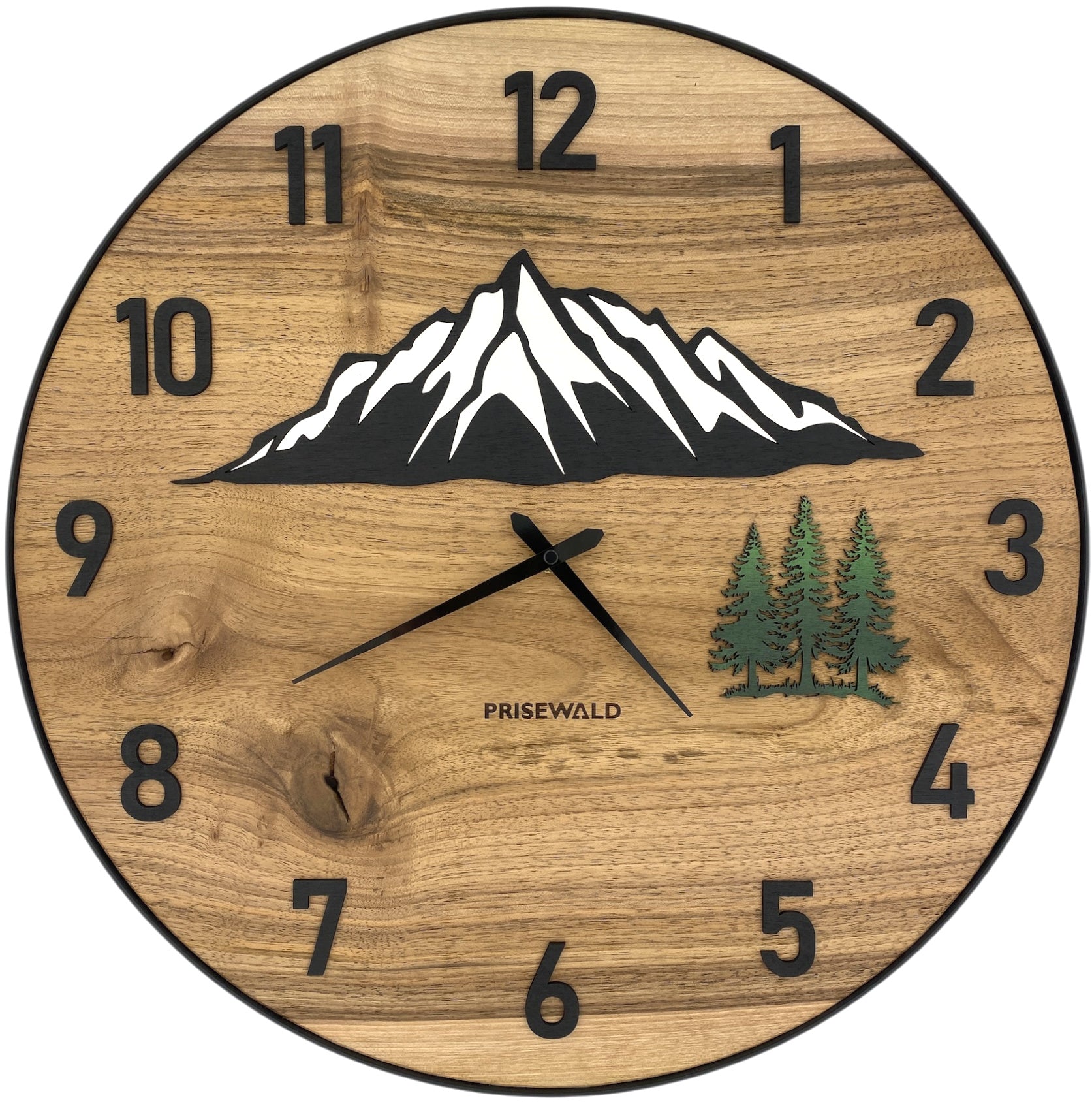 Runde Wanduhr aus Walnussholz, 50 cm, schwarzer Rahmen, arabische Ziffern, Wald, Verschneite Berge - PRISEWALD