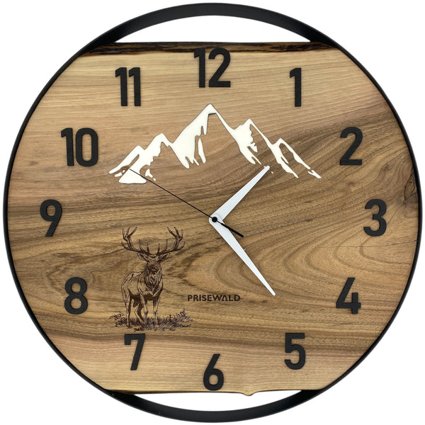 Runde Wanduhr aus Walnussholz, 50 cm, schwarzer Rahmen, arabische Ziffern, Verschneite Berge, Hirsche