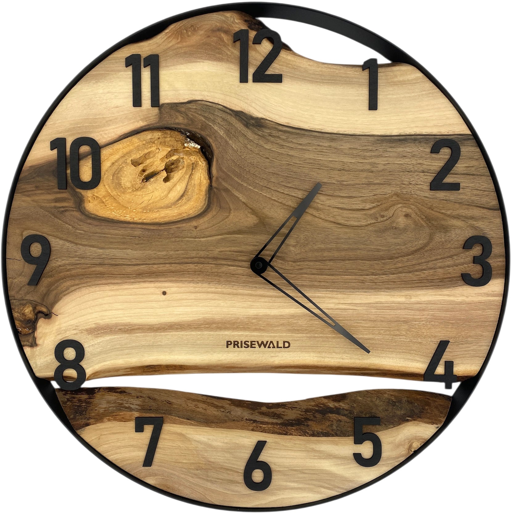 Runde Wanduhr aus Walnussholz, 50 cm, schwarzer Rahmen, arabische Ziffern