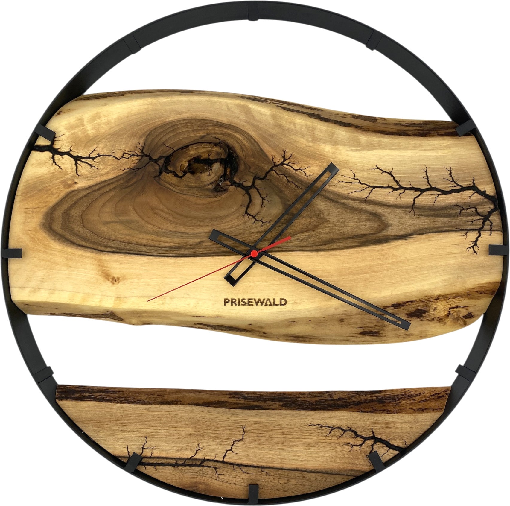 Runde Wanduhr aus Walnussholz, 50 cm, schwarzer Rahmen, Teilstriche Ziffern, Lichtenberg-Effekt - PRISEWALD