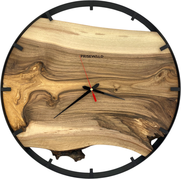 Runde Wanduhr aus Walnussholz, 50 cm, schwarzer Rahmen, Teilstriche Ziffern