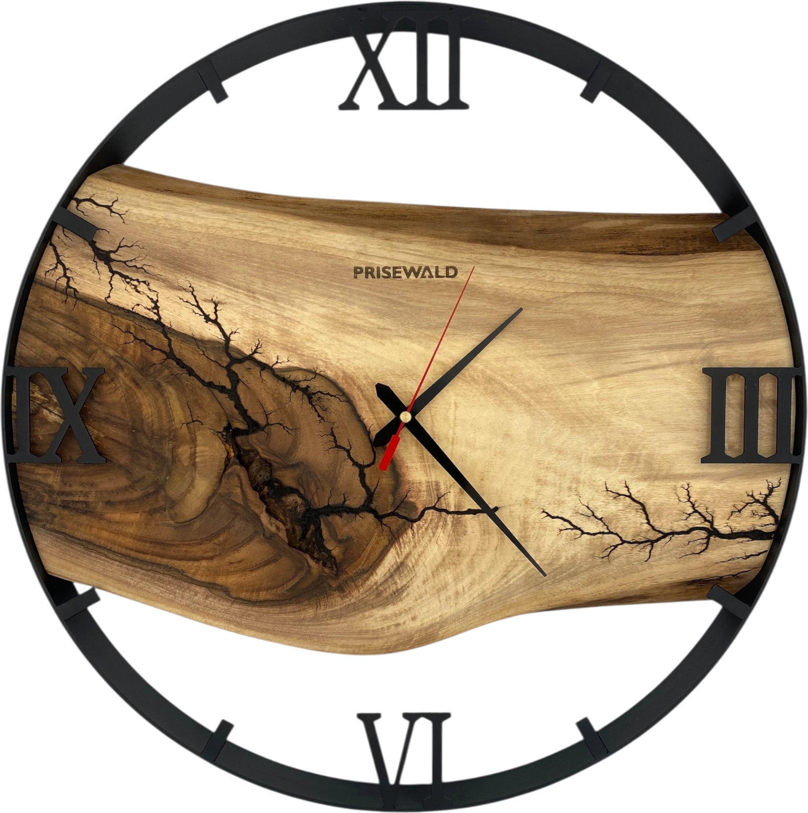 Runde Wanduhr aus Walnussholz, 50 cm, schwarzer Rahmen, römische Ziffern, Lichtenberg-Effekt