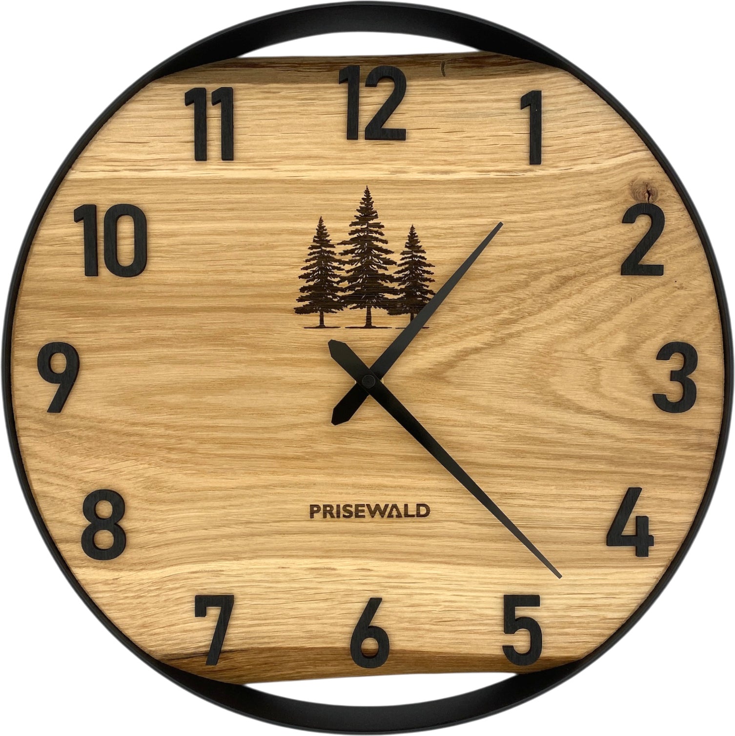 Runde Wanduhr aus Eichenholz, 35 cm, schwarzer Rahmen, arabische Ziffern, Bäume