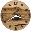Runde Wanduhr aus Walnussholz, 35 cm, weisser Rahmen, Kaffeeziffern, Kaffeemotiv - PRISEWALD