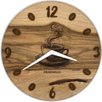 Runde Wanduhr aus Walnussholz, 35 cm, weisser Rahmen, Kaffeeziffern, Kaffeemotiv - PRISEWALD