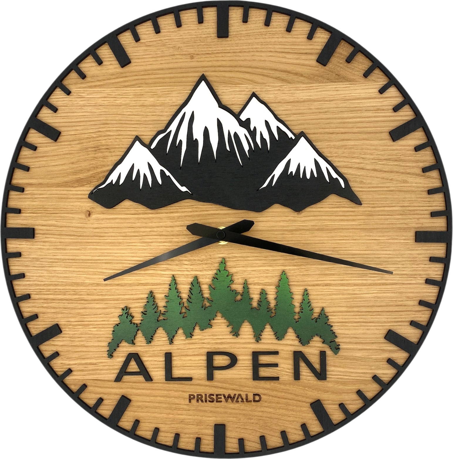 Runde Wanduhr aus Eichenholz, 35 cm, ohne Ring, Teilstriche Ziffern, Wald, schneebedeckte Berge, ALPEN