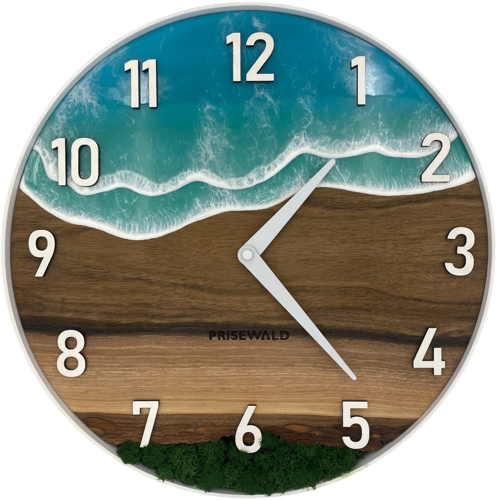 Runde Wanduhr aus Walnussholz, 35 cm, weisser Rahmen, arabische Ziffern, blaues Epoxidharz, grünes Moos