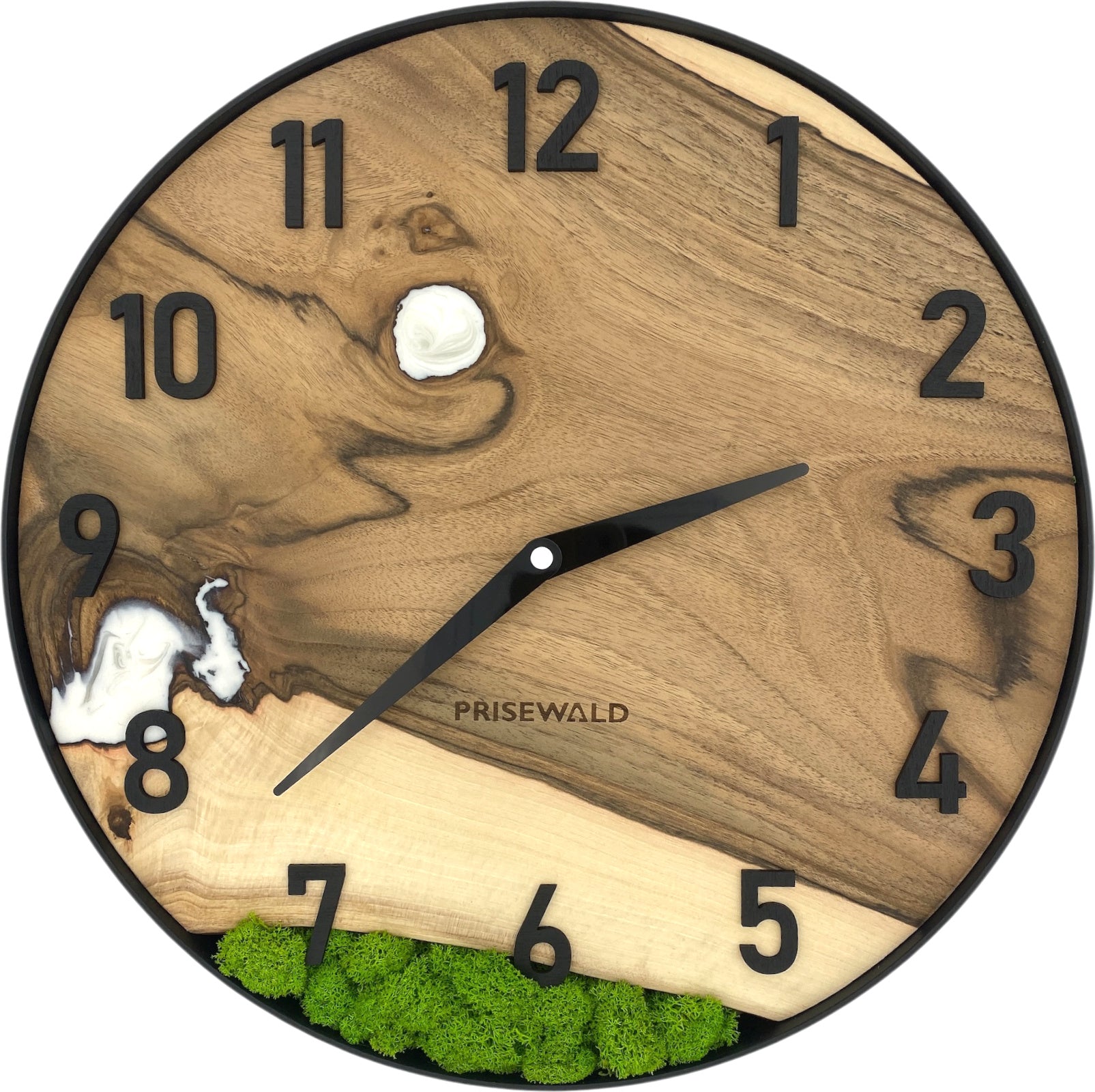 Runde Wanduhr aus Walnussholz, 35 cm, schwarzer Rahmen, arabische Ziffern, weißes Epoxidharz, grünes Moos