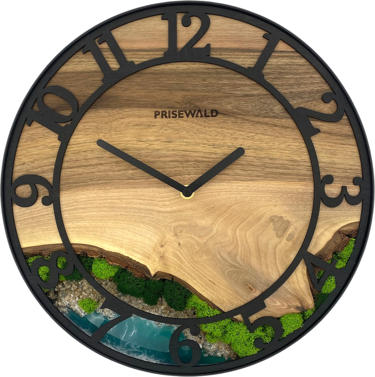 Runde Wanduhr aus Walnussholz, 35 cm, schwarzer Rahmen, arabische Ziffern, türkises Epoxidharz, grünes Moos, Insel, Küste