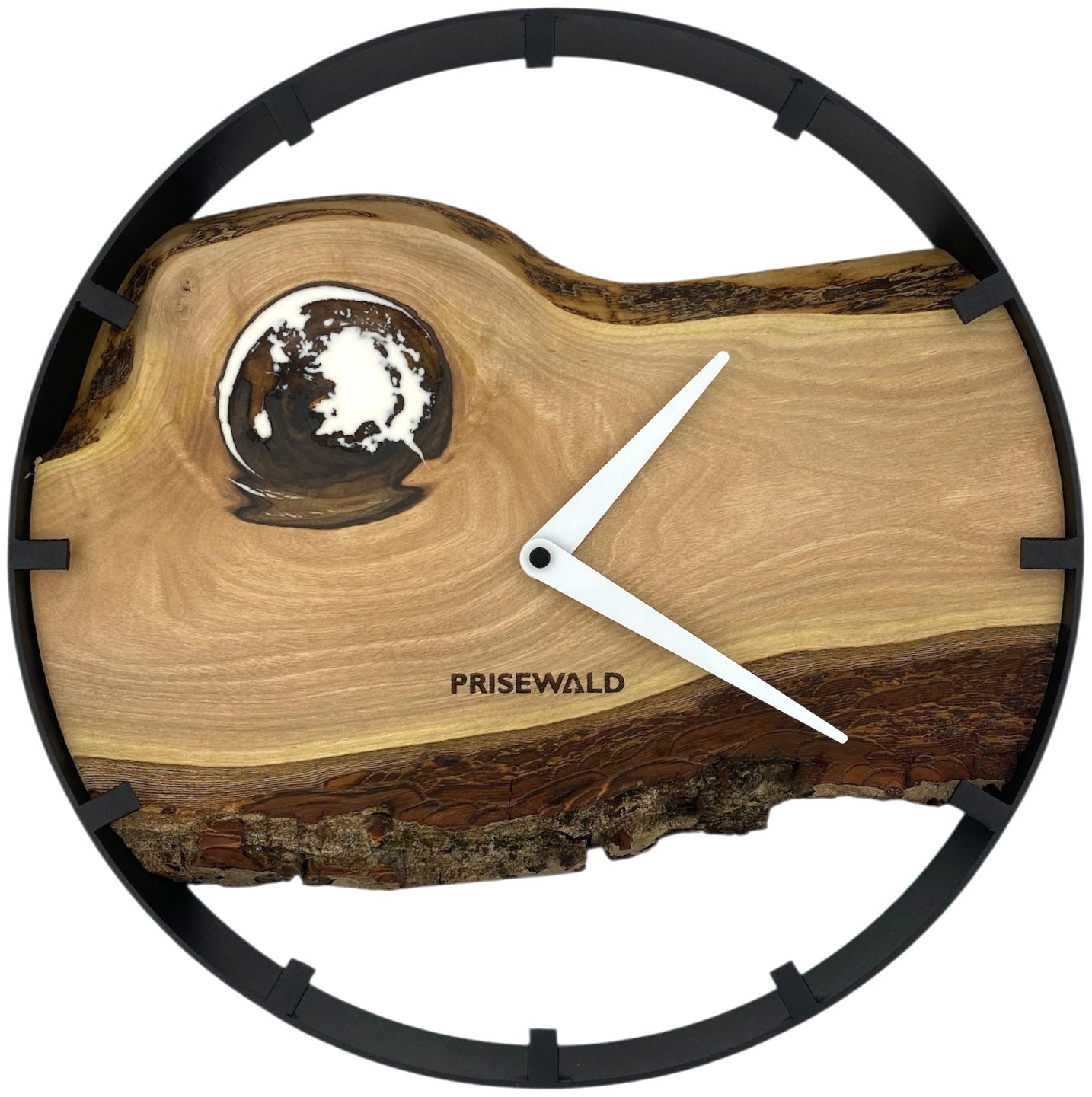 Runde Wanduhr aus Walnussholz, 35 cm, schwarzer Rahmen, Teilstriche Ziffern, weißes Epoxidharz