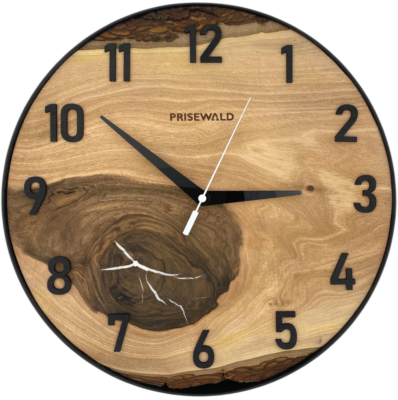 Round wall clock made of walnut wood, 35 cm, black frame, Arabic numerals, hairline crack in epoxy resin, 