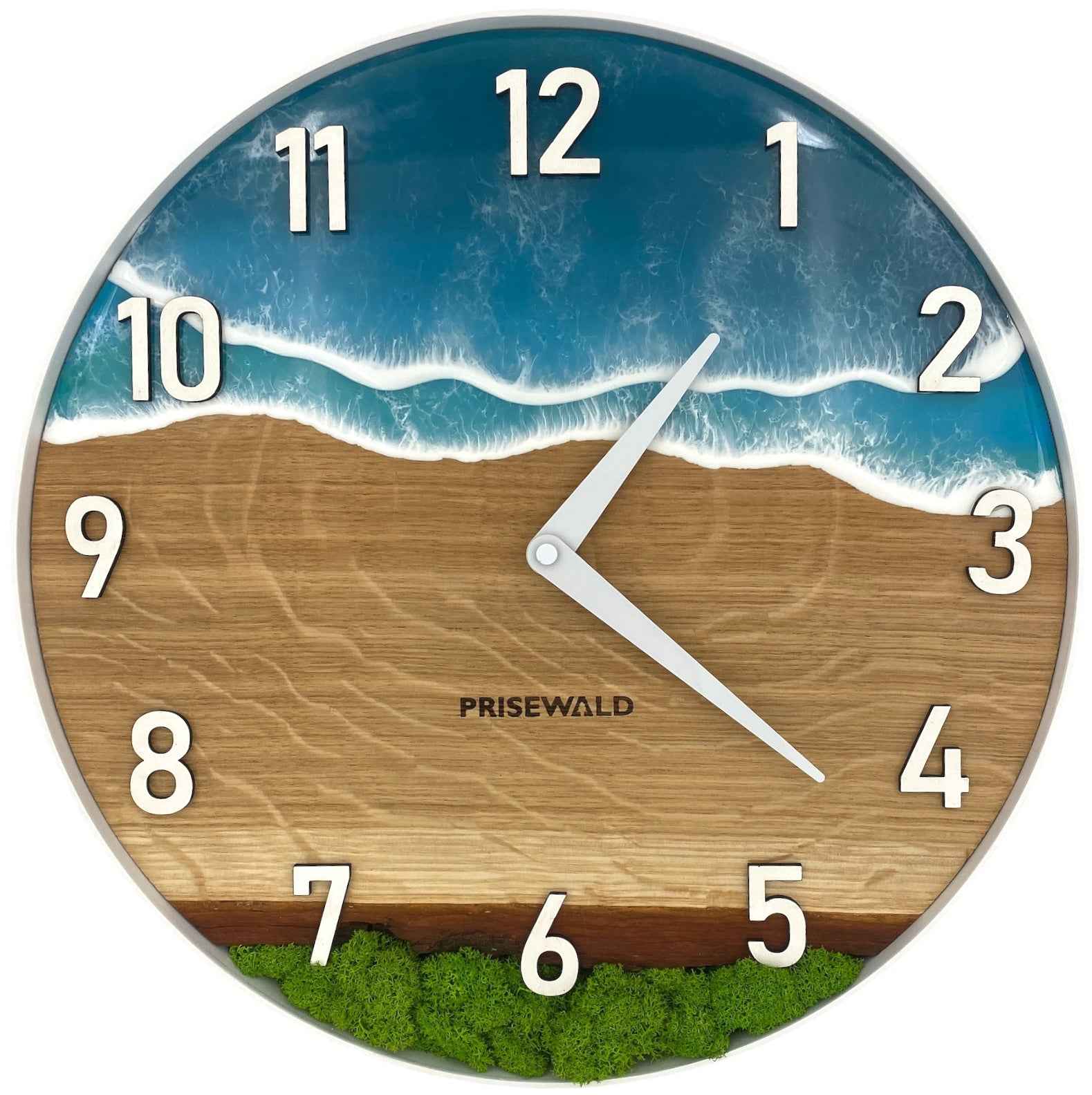 Runde Wanduhr aus Eichenholz, 35 cm, weisser Rahmen, arabische Ziffern, blaues Epoxidharz, grünes Moos