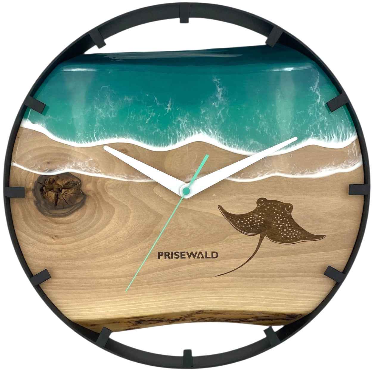 Runde Wanduhr aus Walnussholz, 35 cm, schwarzer Rahmen, Teilstriche Ziffern, türkises Epoxidharz, Stachelrochen