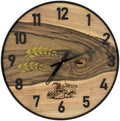 Runde Wanduhr aus Walnussholz, 35 cm, schwarzer Rahmen, arabische Ziffern, Gold-Epoxidharz, Weizen, Mähdrescher