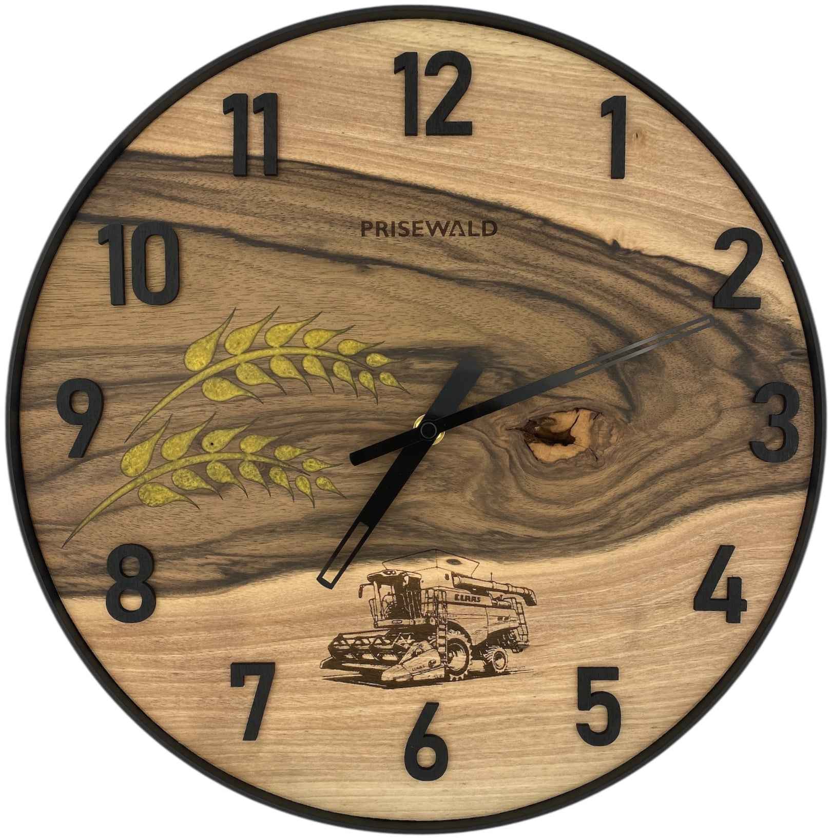 Runde Wanduhr aus Walnussholz, 35 cm, schwarzer Rahmen, arabische Ziffern, Gold-Epoxidharz, Weizen, Mähdrescher