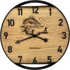 Runde Wanduhr aus Eichenholz, 35 cm, schwarzer Rahmen, arabische Ziffern, Angler mit Fisch