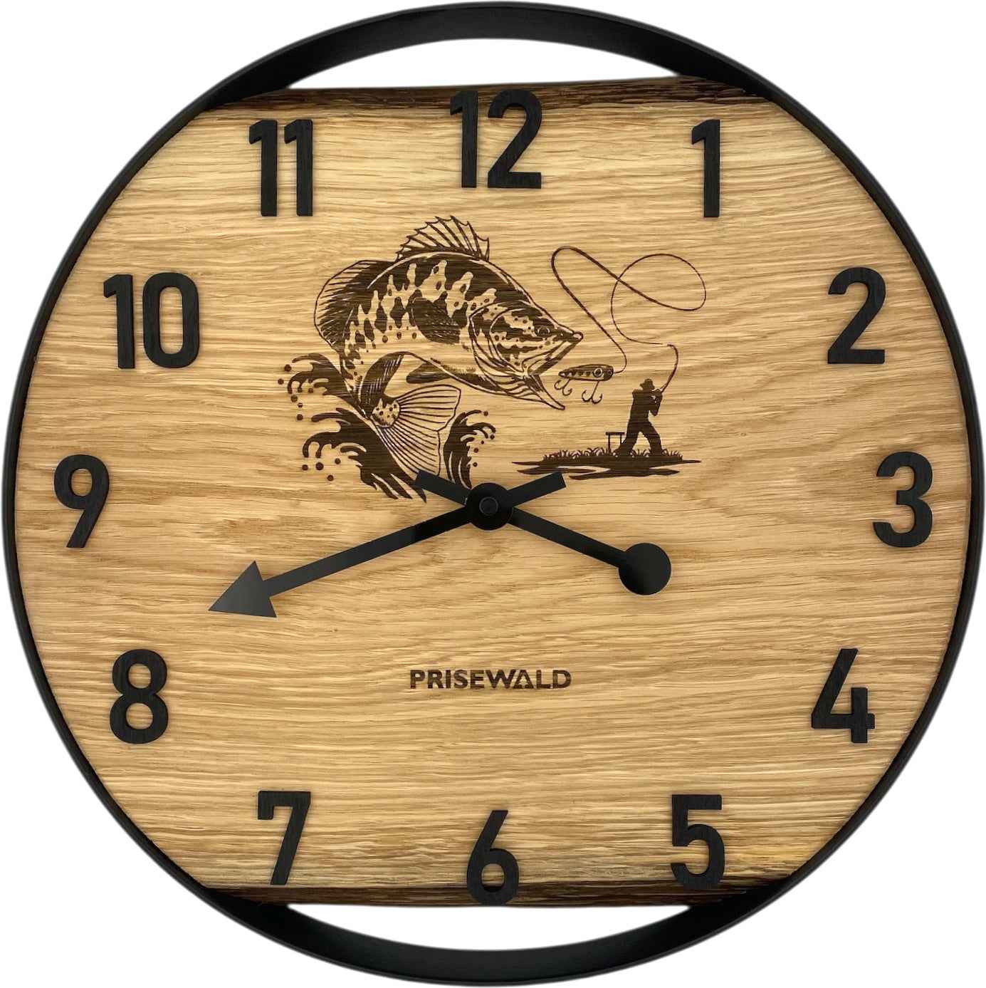 Runde Wanduhr aus Eichenholz, 35 cm, schwarzer Rahmen, arabische Ziffern, Angler mit Fisch