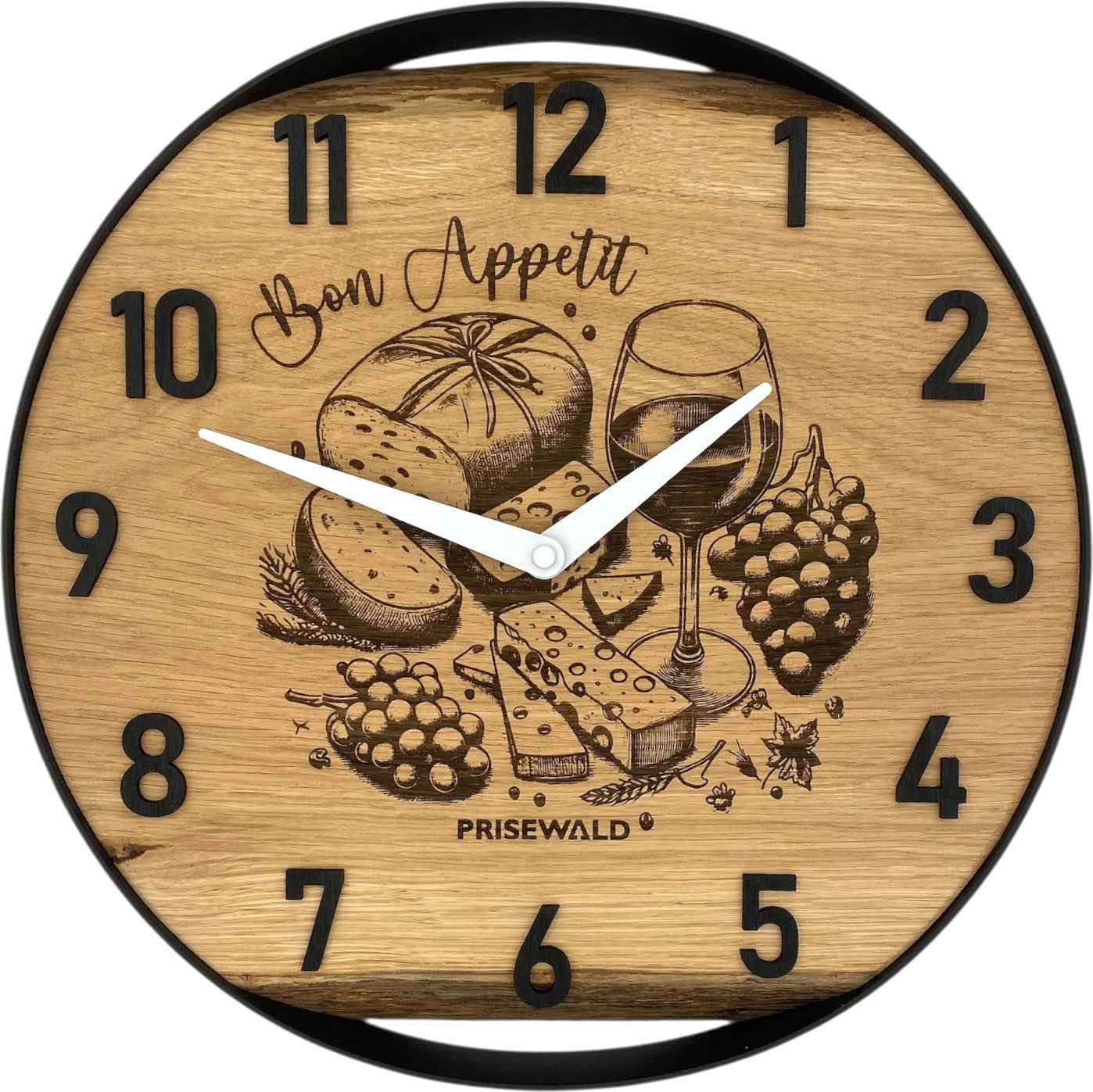 Runde Wanduhr aus Eichenholz, 35 cm, schwarzer Rahmen, arabische Ziffern, Käseplatte, Bon appétit