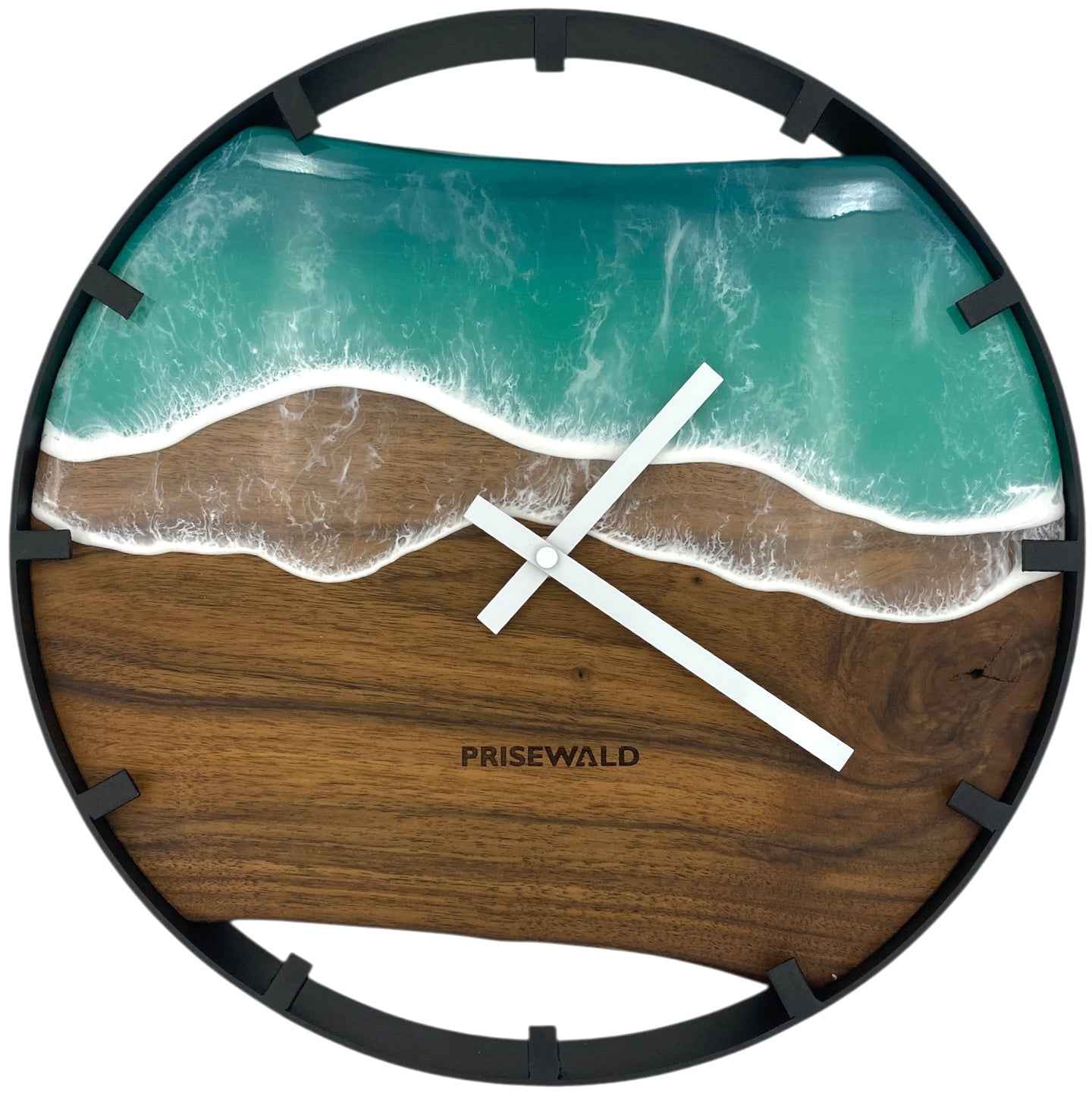 Runde Wanduhr aus Walnussholz, 50 cm, schwarzer Rahmen, Teilstriche Ziffern, türkises Epoxidharz
