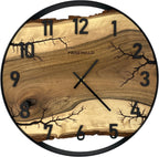 Runde Wanduhr aus Walnussholz, 35 cm, schwarzer Rahmen, arabische Ziffern, Lichtenberg-Effekt