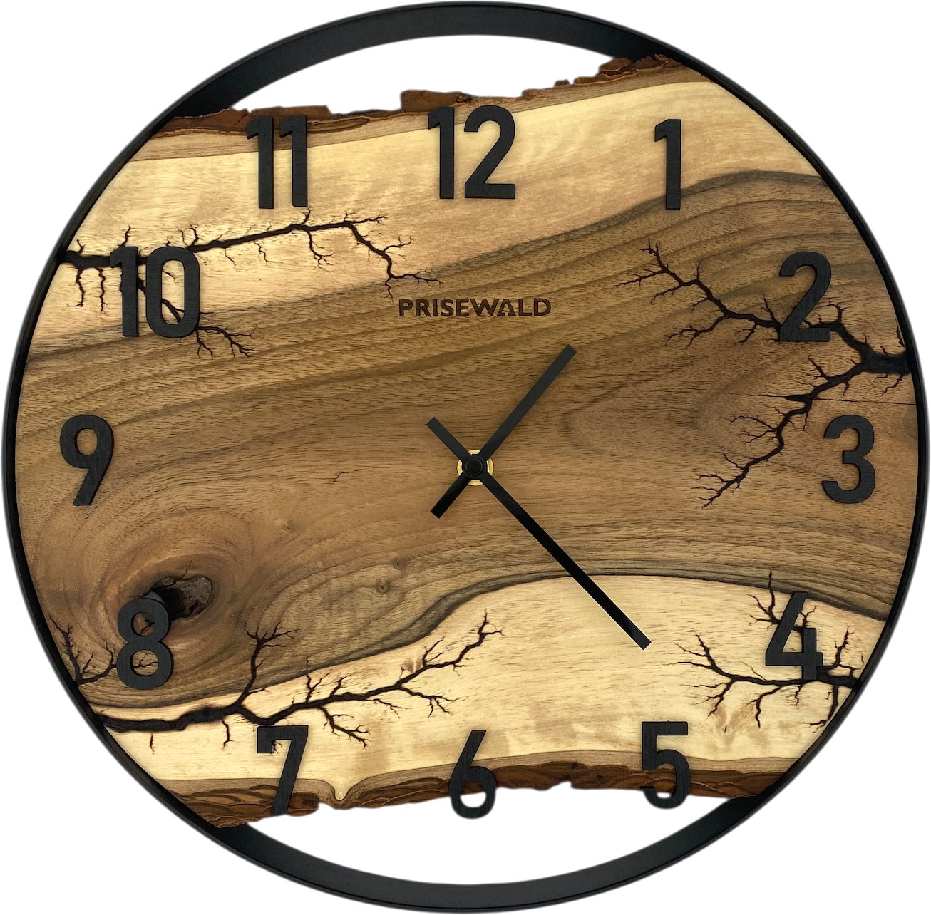 Round wall clock made of walnut wood, 35 cm, black frame, Arabic numerals, Lichtenberg effect