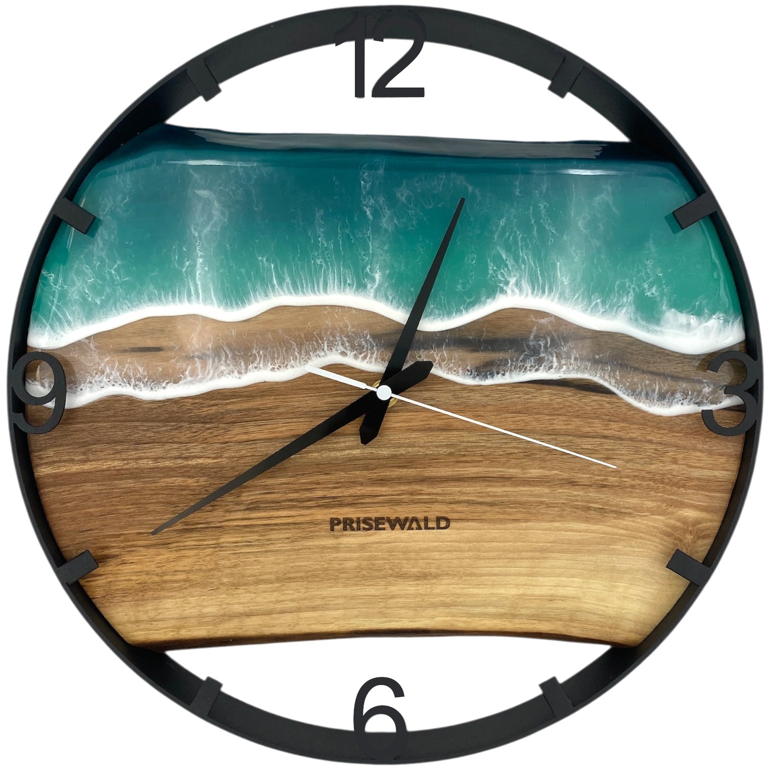 Round wall clock made of walnut wood, 35 cm, black frame, Arabic numerals, turquoise epoxy resin