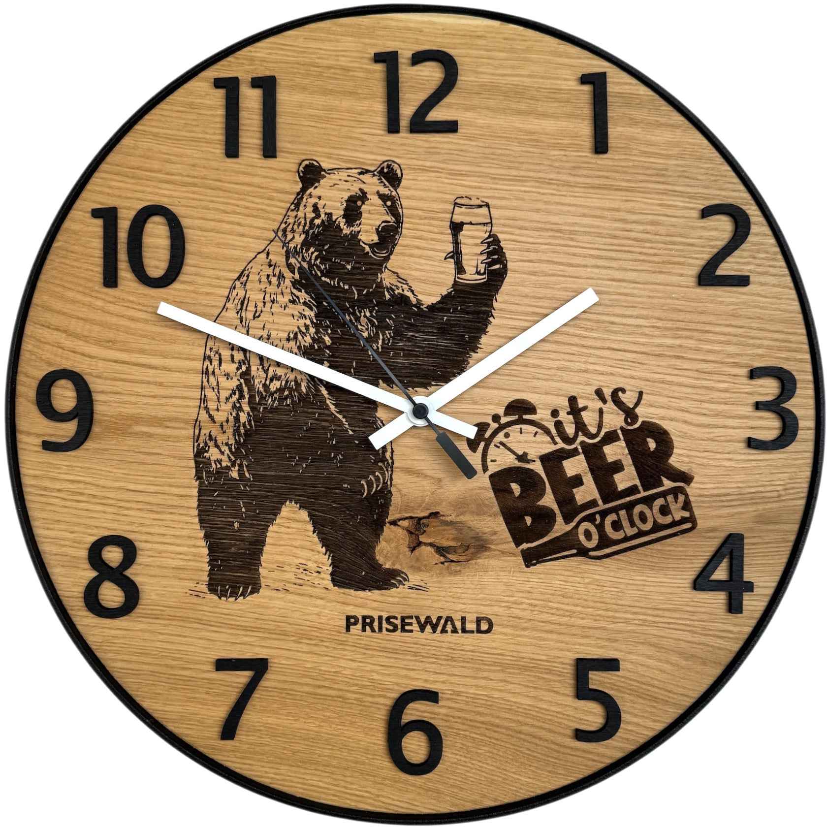 Runde Wanduhr aus Eichenholz, 35 cm, schwarzer Rahmen, arabische Ziffern, Bär, IT'S BEER O'CLOCK