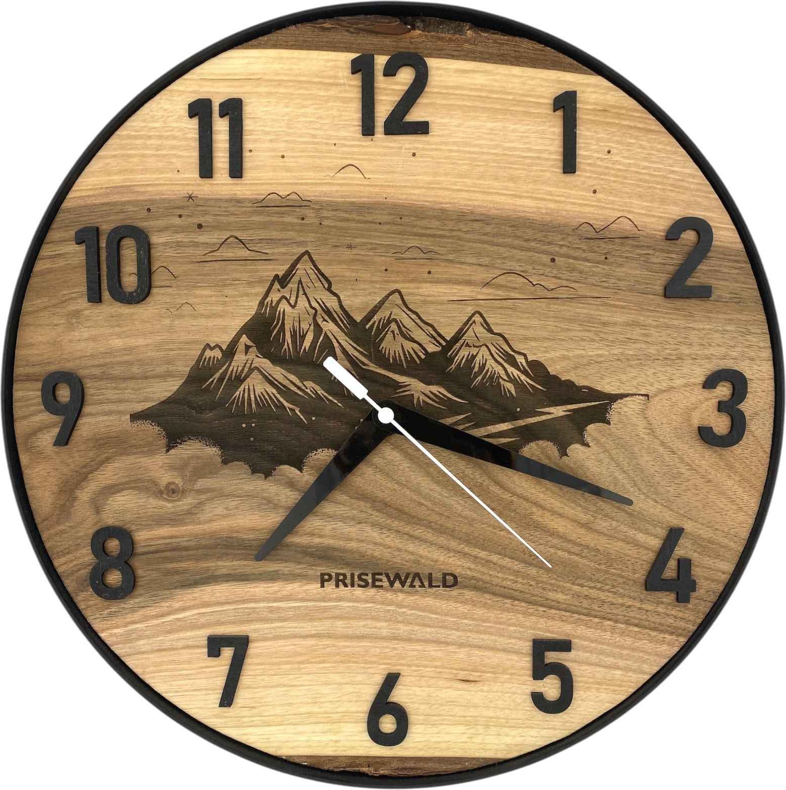 Runde Wanduhr aus Walnussholz, 35 cm, schwarzer Rahmen, arabische Ziffern, Berg