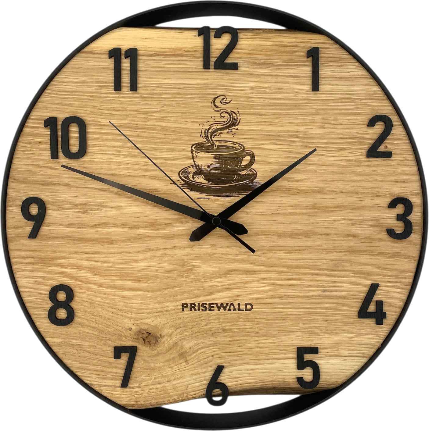 Runde Wanduhr aus Eichenholz, 35 cm, schwarzer Rahmen, arabische Ziffern, Tasse Kaffee