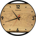 Runde Wanduhr aus Eichenholz, 35 cm, schwarzer Rahmen, arabische Ziffern, Weltkarte