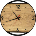 Runde Wanduhr aus Eichenholz, 35 cm, schwarzer Rahmen, arabische Ziffern, Weltkarte