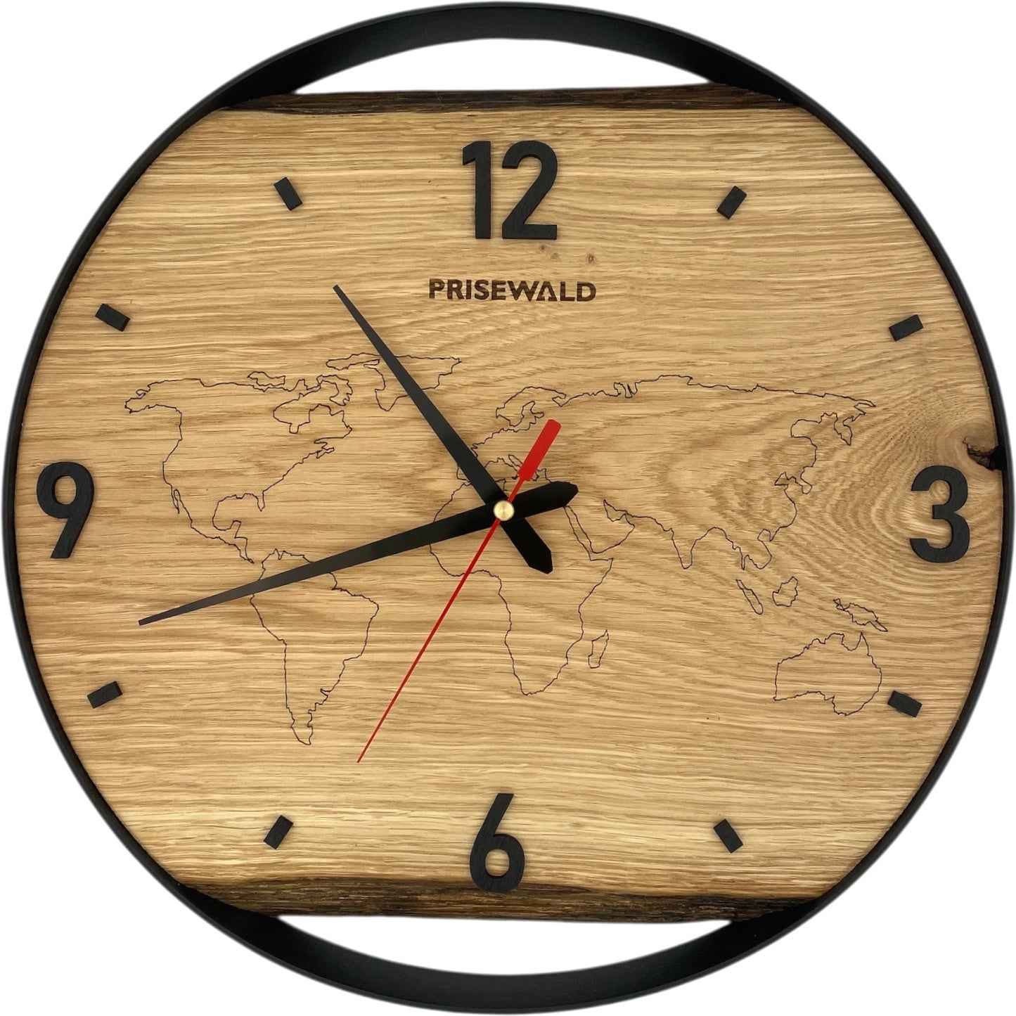 Runde Wanduhr aus Eichenholz, 35 cm, schwarzer Rahmen, arabische Ziffern, Weltkarte