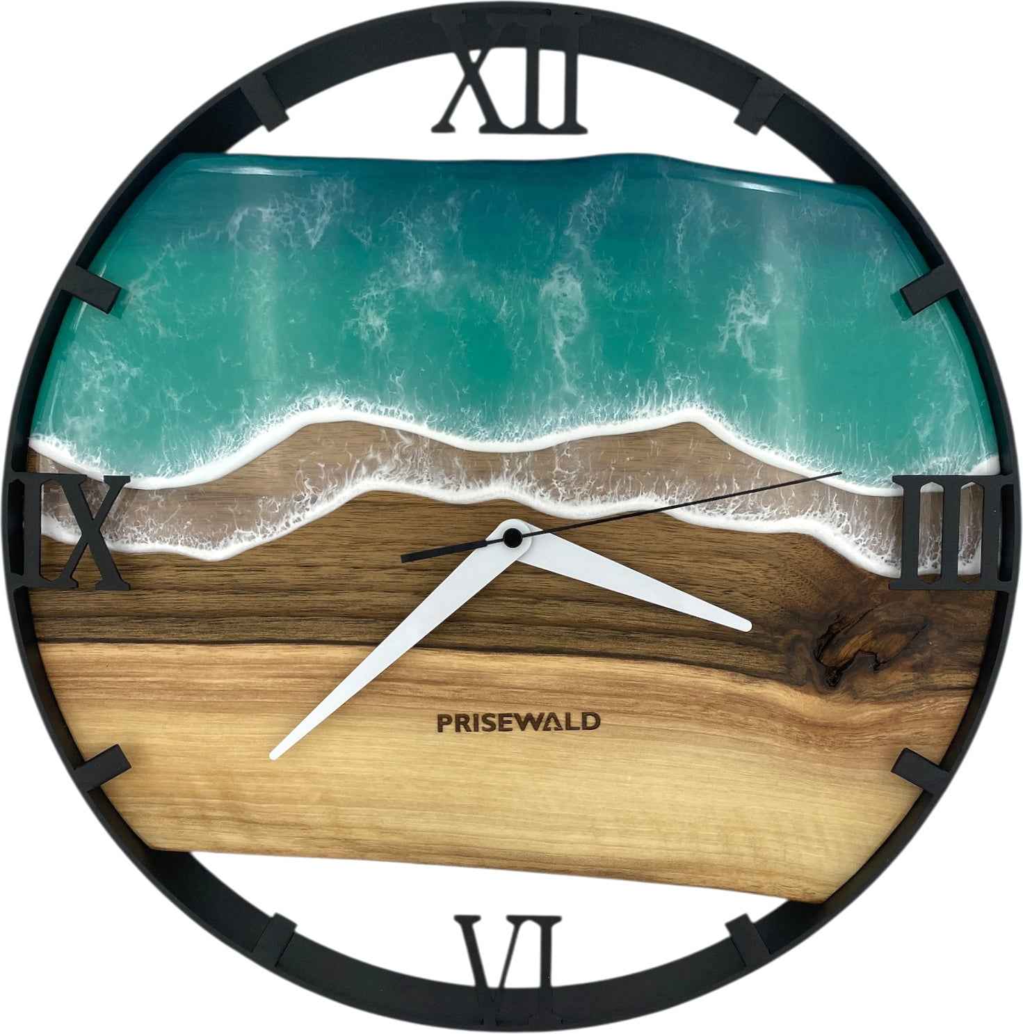 Runde Wanduhr aus Walnussholz, 35 cm, schwarzer Rahmen, römische Ziffern, türkises Epoxidharz