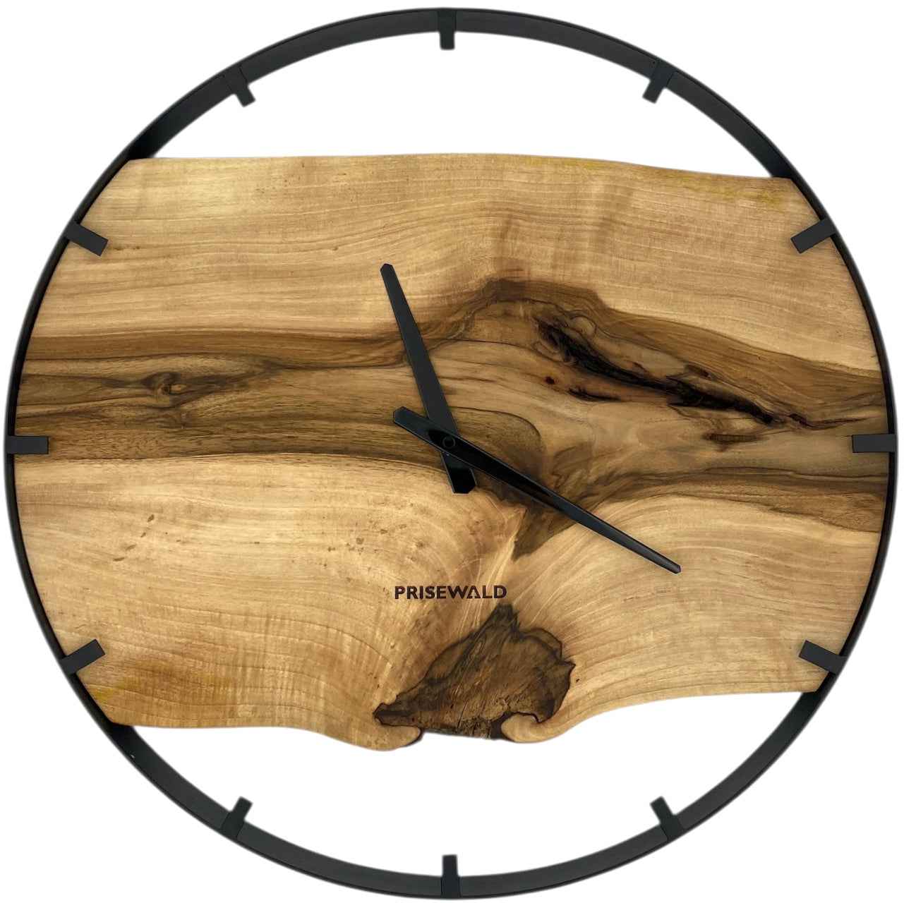 Runde Wanduhr aus Walnussholz, 50 cm, schwarzer Rahmen, Teilstriche Ziffern