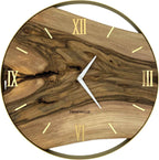 Runde Wanduhr aus Walnussholz, 50 cm, goldener Rahmen, römische Ziffern
