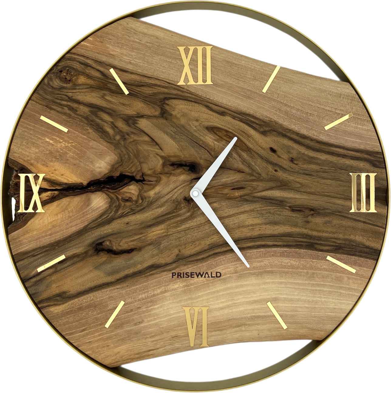 Runde Wanduhr aus Walnussholz, 50 cm, goldener Rahmen, römische Ziffern