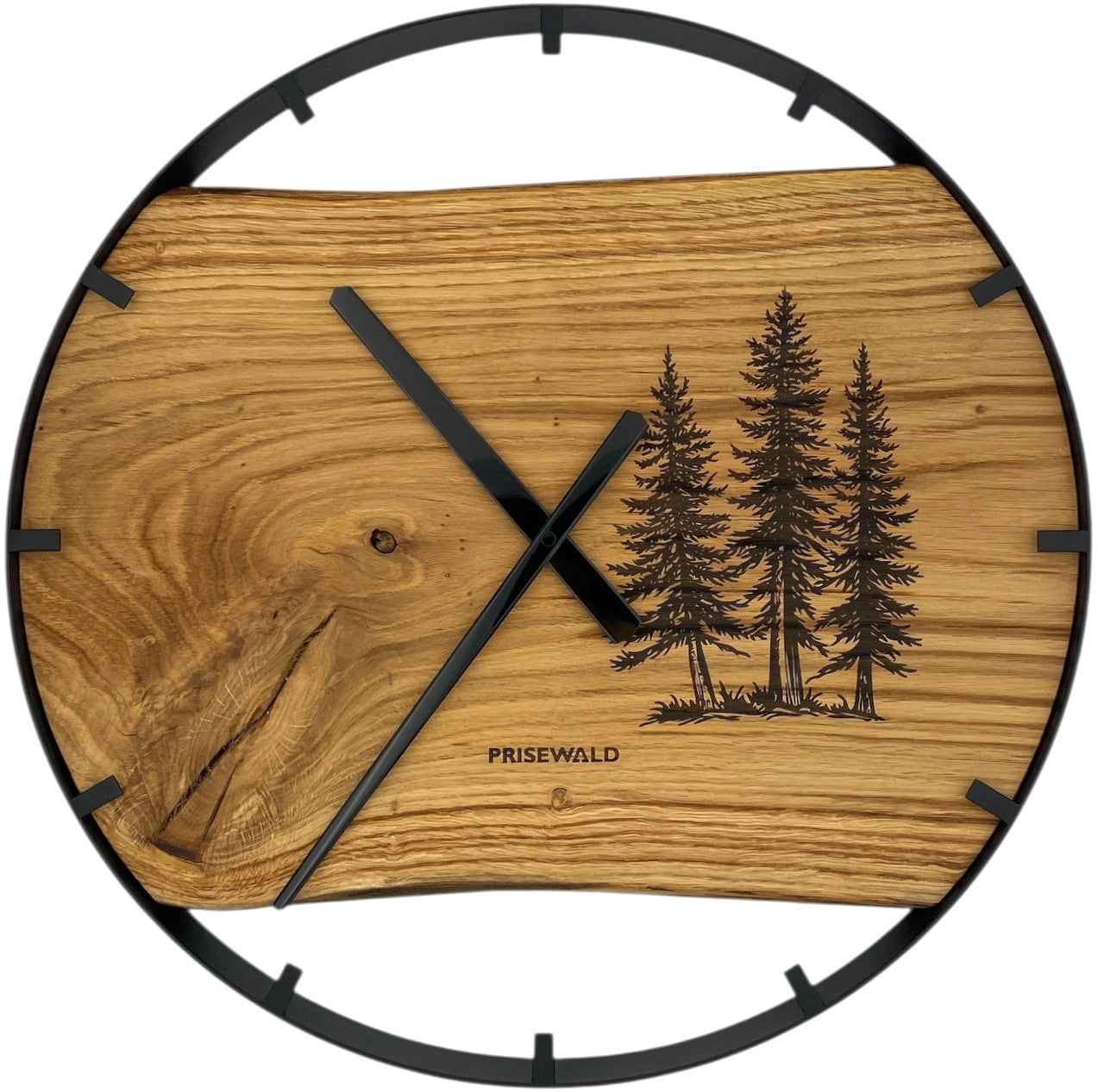 Runde Wanduhr aus Eichenholz, 50 cm, schwarzer Rahmen, Teilstriche Ziffern, 3 Nadelbäume