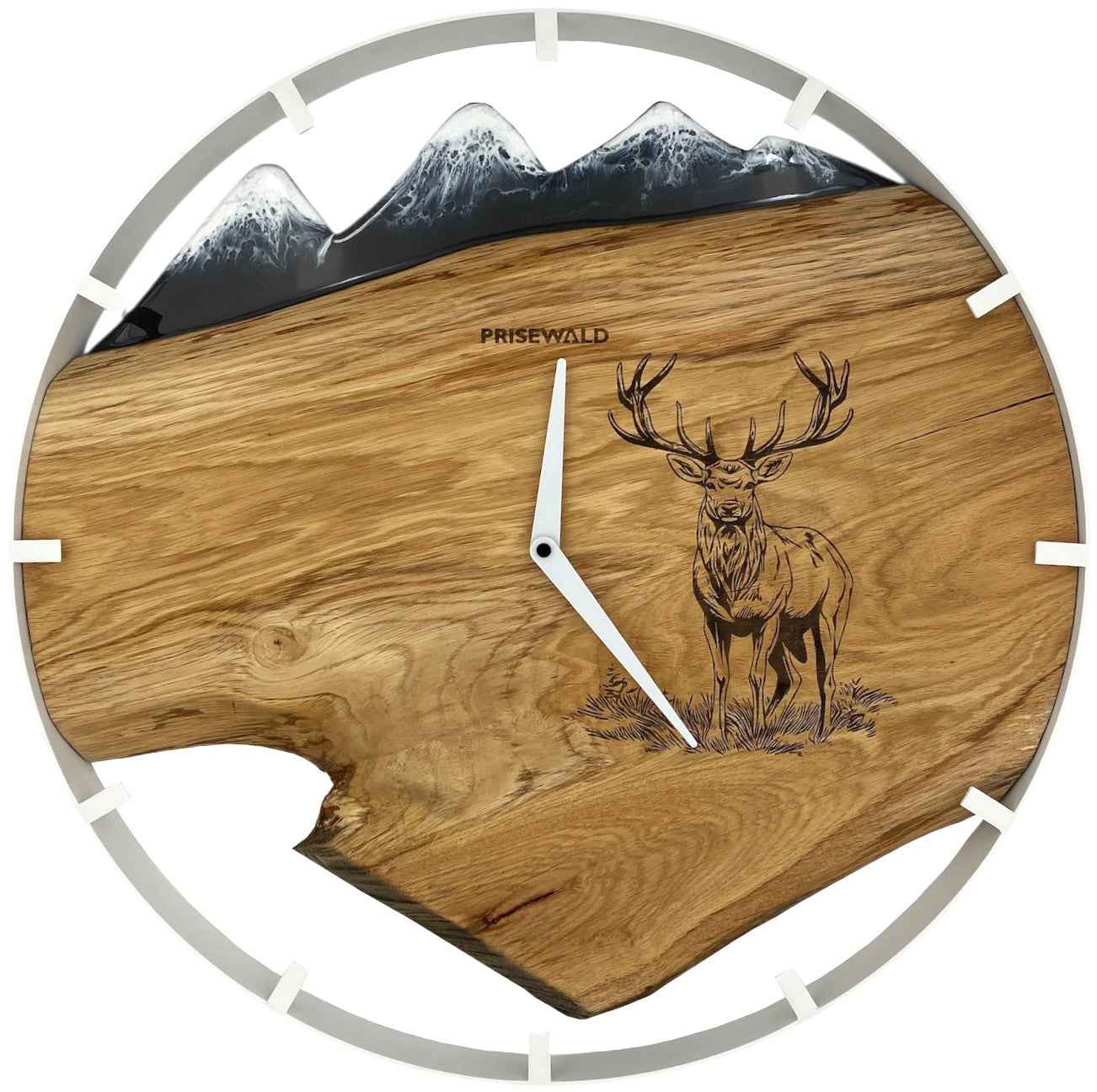 Runde Wanduhr aus Eichenholz, 50 cm, weisser Rahmen, schwarzes Epoxidharz, Hirsch, Schneebedeckte Berge im Hintergrund