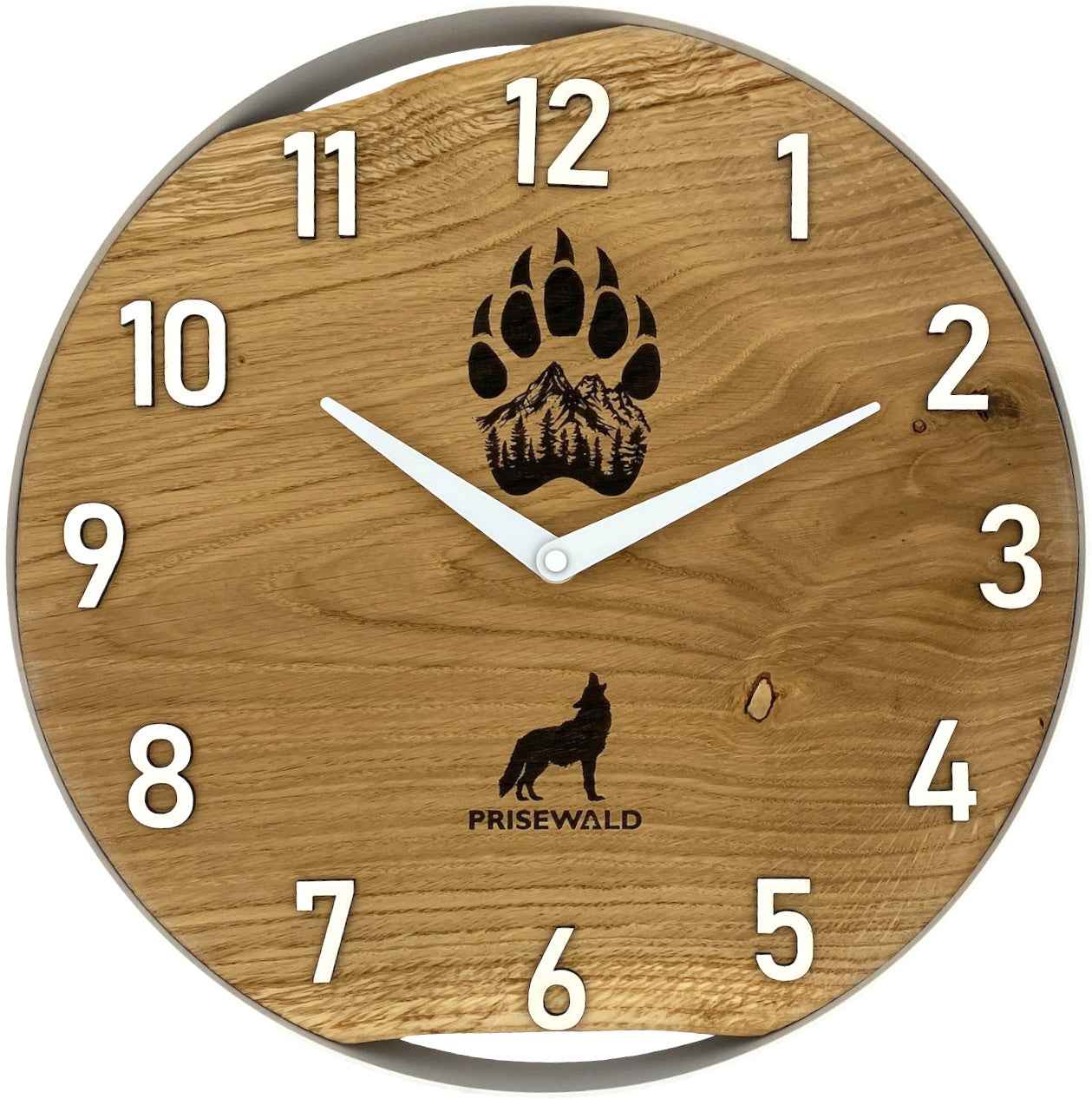 Runde Wanduhr aus Eichenholz, 35 cm, weisser Rahmen, arabische Ziffern, Wolfspfotenabdruck